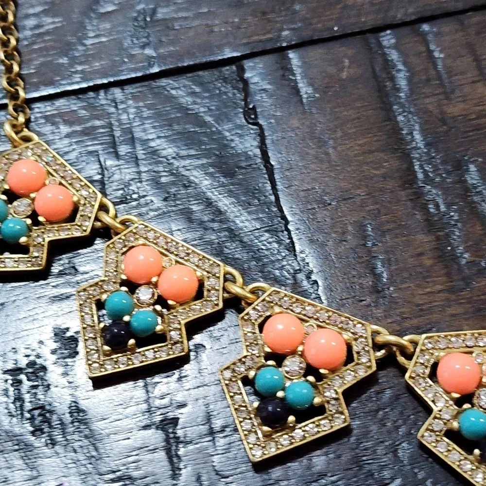 J. Crew gold peach and teal art‎ deco vintage vibes necklace
